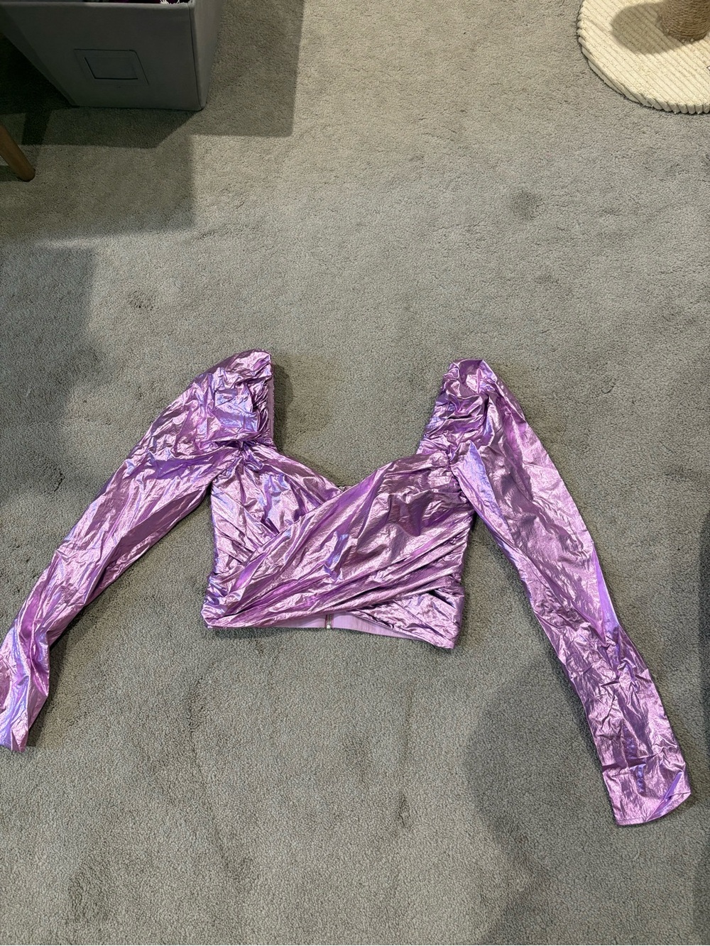 bec + bridge Metallic Lilac Puff-Sleeve Crop Top